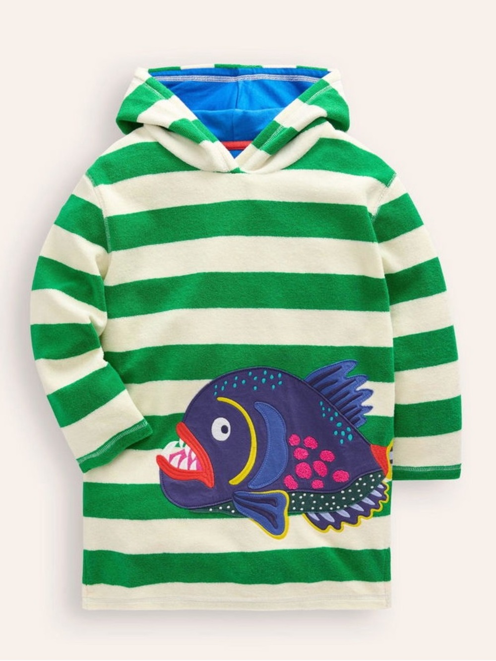 Mini Boden | Swim | Cover Up| Green Striped Hooded Towel with Fish Applique 5-6Y